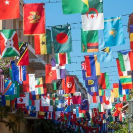 a wall with many flags from it